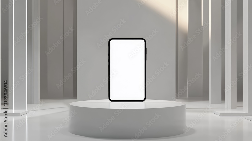 Poster a smartphone with a blank screen displayed on a white podium at a modern exhibition stand, with a sl
