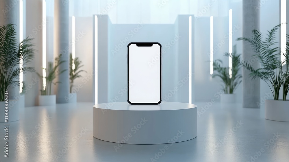 Poster a smartphone with a blank screen displayed on a white podium at a modern exhibition stand, with a sl
