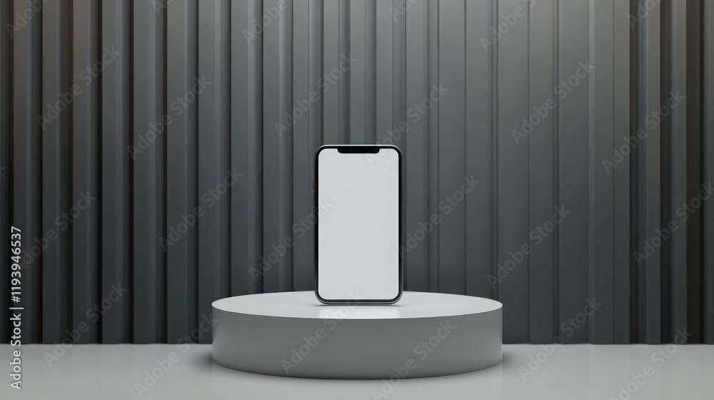 Poster a smartphone with a blank screen on a white podium, set against a sleek exhibition stand with a mini