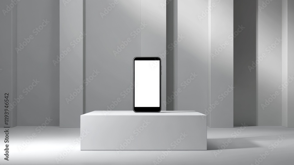 Poster a smartphone with a blank screen on a white podium, set against a sleek exhibition stand with a mini