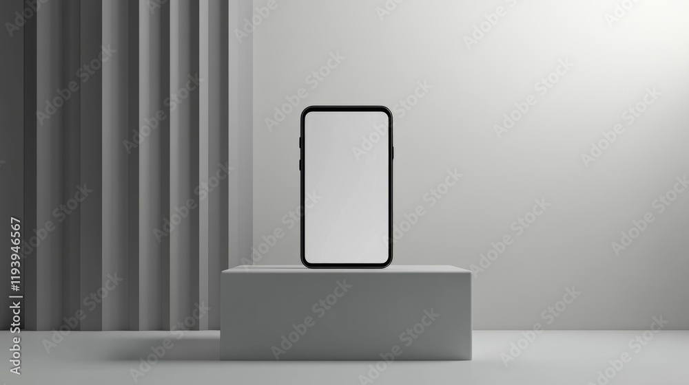 Poster a smartphone with a blank screen on a white podium, set against a sleek exhibition stand with a mini