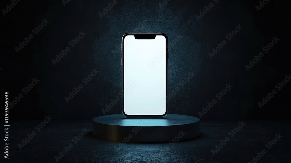 Poster a smartphone with a blank screen on an illuminated pedestal, set against a dark background, symboliz