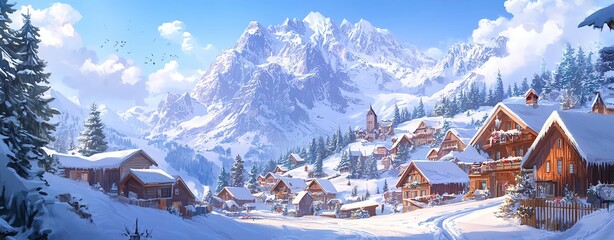 Serene winter village in snowy mountains.