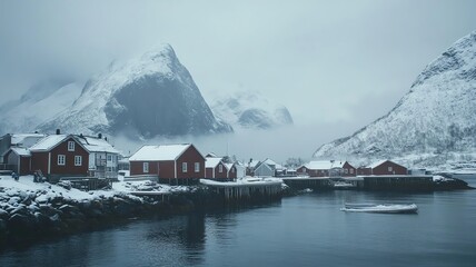 Fototapeta premium Snowy mountain village by a calm fjord.