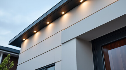 Fototapeta premium Modern House Exterior: Contemporary Architecture Design. Clean lines, elegant facade, and minimalist style. High-end residential property with luxury details.