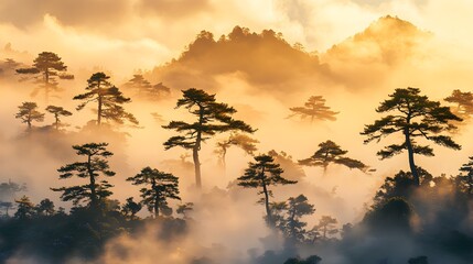 Fototapeta premium Golden Sunrise Illuminates Misty Mountain Pines