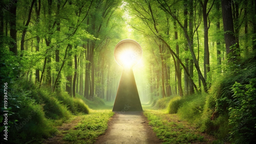 Poster a sunlit path leads to a keyhole shaped portal in a vibrant green forest, symbolizing a journey of d