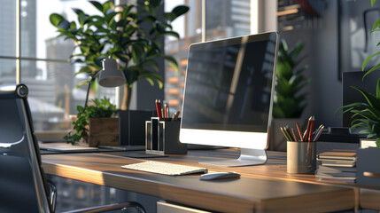 光が溢れ、緑豊かなデスク、モックアップ