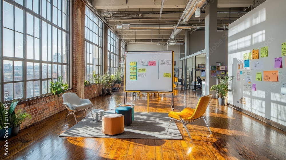 Poster A spacious office with a flip chart and sticky notes, featuring a creative workspace with a modern loft style, large windows, and wooden floors.