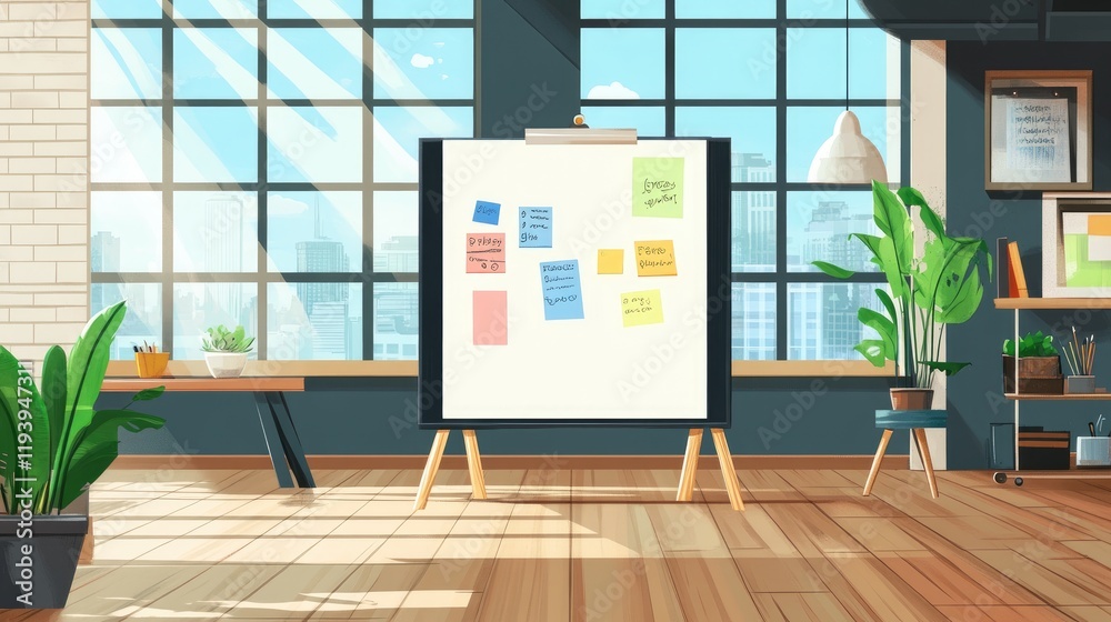 Poster a spacious office with a flip chart and sticky notes, featuring a creative workspace with a modern l