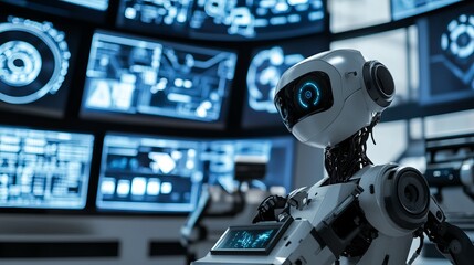 A robot conducting automated surveillance in a futuristic security operations center with multiple screens and sensors, clean and secure environment, Security-tech style
