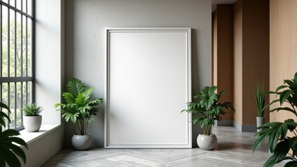 Centered on a gray, textured wall, a pristine white poster frame captures attention with its clean lines and elegant presence, inviting intrigue from every angle