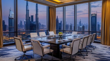 A stylish boardroom with a large meeting table, white chairs, and a dramatic cityscape view through tall windows, perfect for business discussions