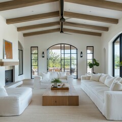 elegant modern living room with rustic wooden ceiling cozy neutral decor and open-concept design featuring natural light and stylish furnishings