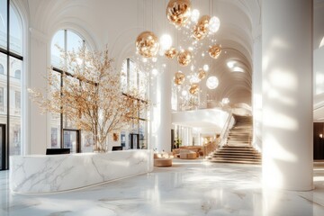 A 3D-rendered view of Theatre Vltava grand foyer, with marble floors, a glittering chandelier, and intricately carved staircases leading to upper balconies