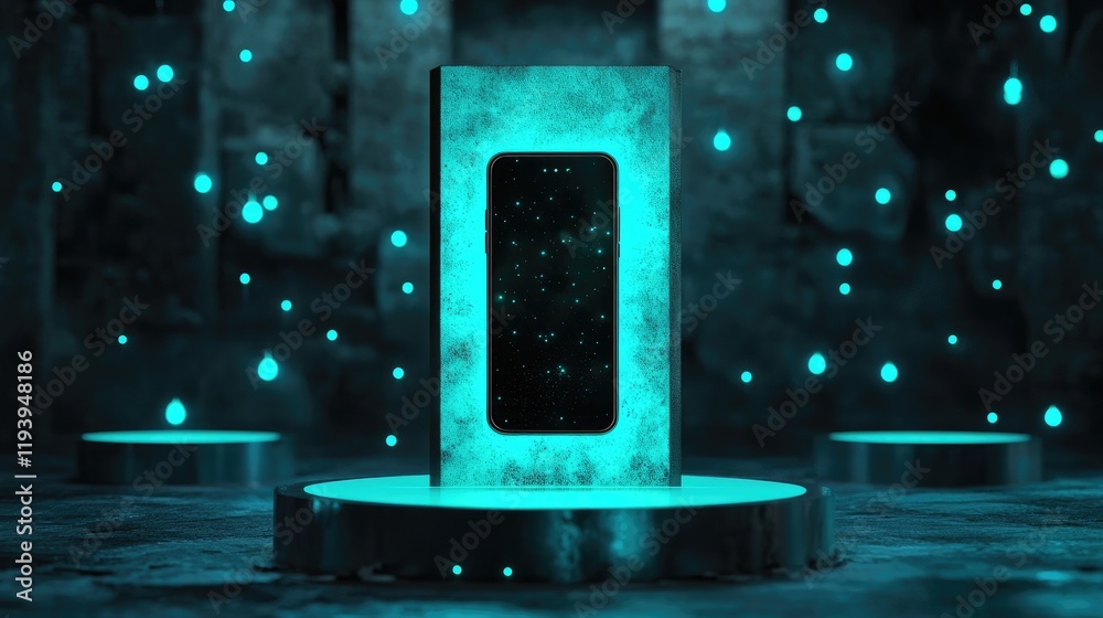 Poster A vertical smartphone on a podium with glowing teal elements around it, symbolizing modern tech and innovation in a dynamic digital environment
