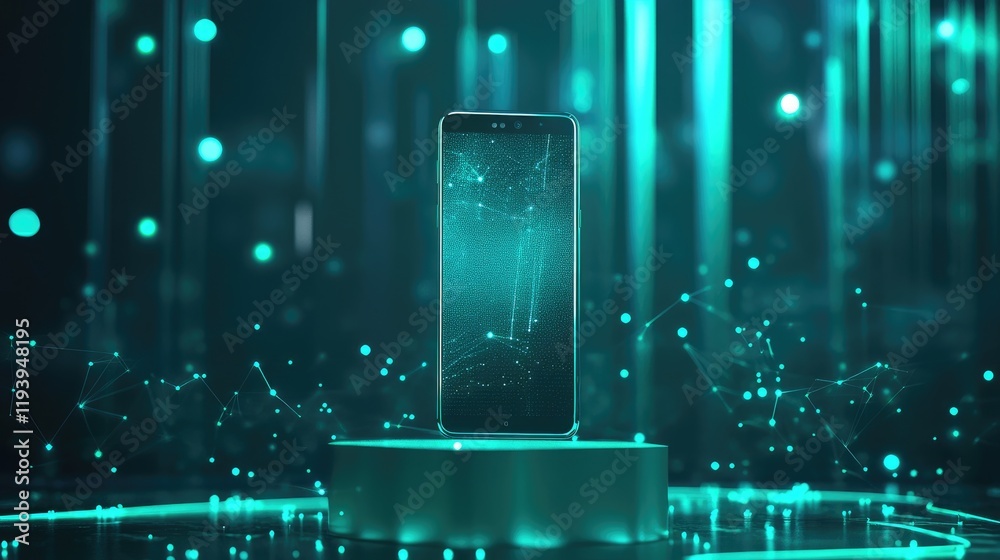 Poster A vertical smartphone on a podium with glowing teal elements around it, symbolizing modern tech and innovation in a dynamic digital environment