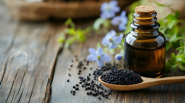 Black cumin essential oil in a glass bottle with cumin seeds.