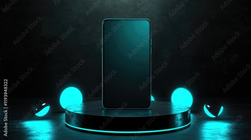 Poster a vertical smartphone with a blank display on a podium, surrounded by teal-colored glowing circular 