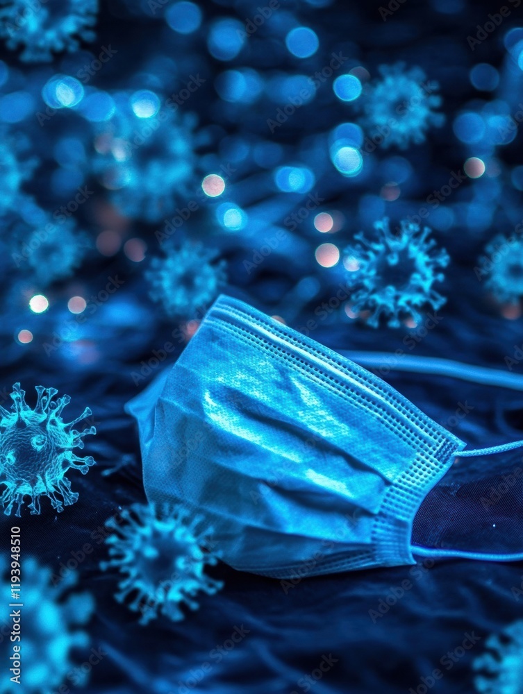Leinwandbilder mask and gloves amid floating viruses in a dark, illuminated environment creating a sense of urgency