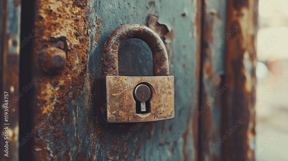 Poster a vintage lock on a rusty iron door, capturing the texture and aged look of the material.