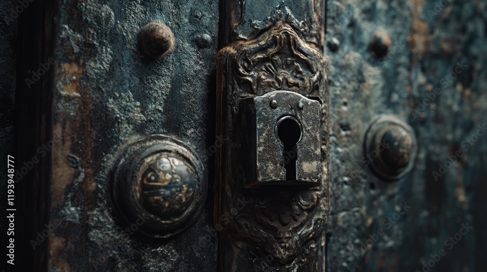 Aufkleber a vintage lock on a rusty iron door, capturing the texture and aged look of the material.