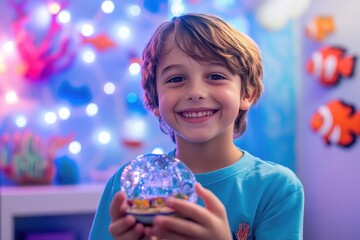 Smiling boy holding a snow globe in an underwater-themed room