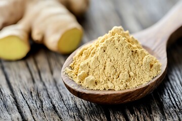Ginger powder in wooden spoon and ginger root on wooden table.