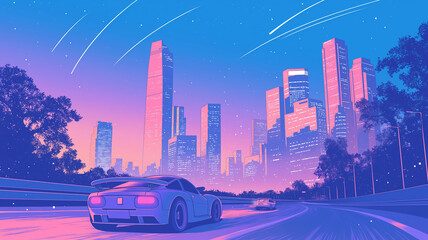 ネオンに染まる都会とスポーツカー｜スタイリッシュなSF風景