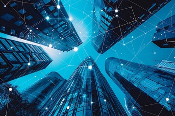 Low angle view of modern skyscrapers and network connection concept