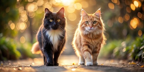 Adorable Couple Cats Walking, Cute Kitten Pair, Bokeh Background, Pet Photography, Lovely Cat Duo