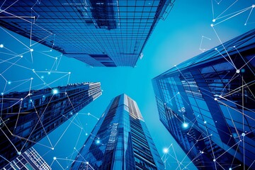 Low angle view of modern skyscrapers and network connection concept