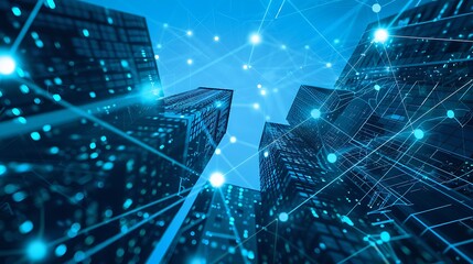 Low angle view of modern skyscrapers and network connection concept