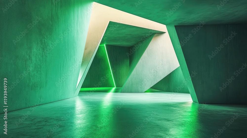 Poster abstract 3d geometric construction with glowing green light on reflective surfaces, minimalism and e