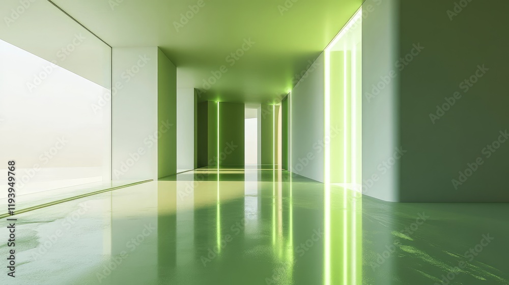 Poster abstract 3d geometric construction with glowing green light on reflective surfaces, minimalism and e