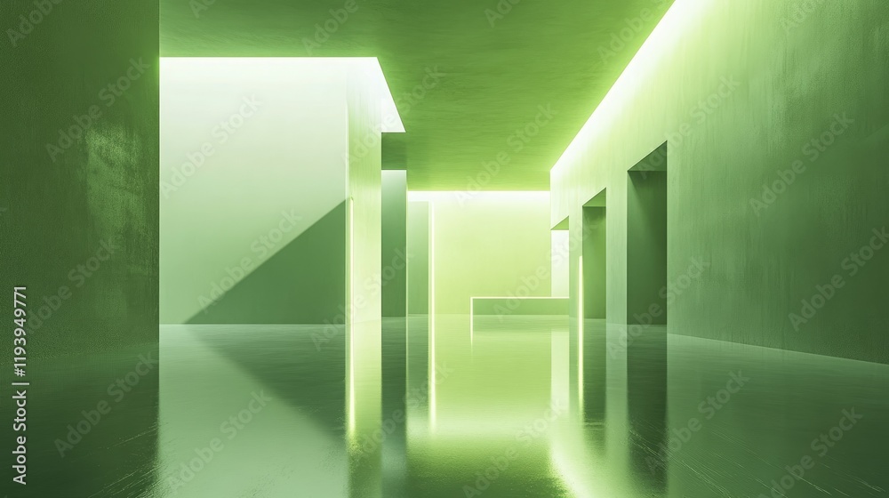 Aufkleber abstract 3d geometric construction with glowing green light on reflective surfaces, minimalism and e