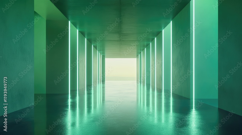 Aufkleber abstract 3d geometric construction with glowing green light on reflective surfaces, minimalism and e