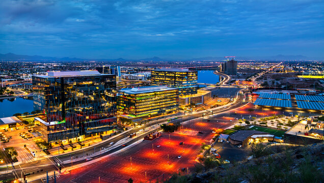 Aerial view of Tempe waterfront at sunset near Phoenix, Arizona