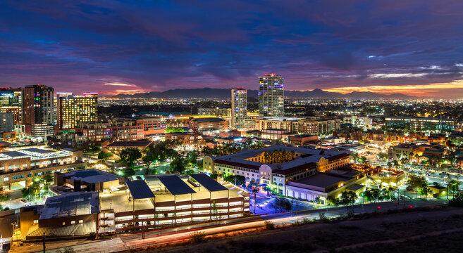 Aerial view of Downtown Tempe skyline at sunset near Phoenix, Arizona