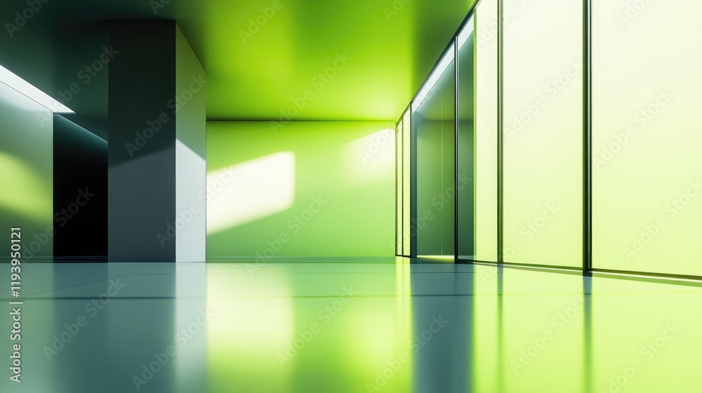 Poster Abstract modern geometric construction with empty walls and glowing green light reflecting on a smooth surface, representing minimalism and futuristic design