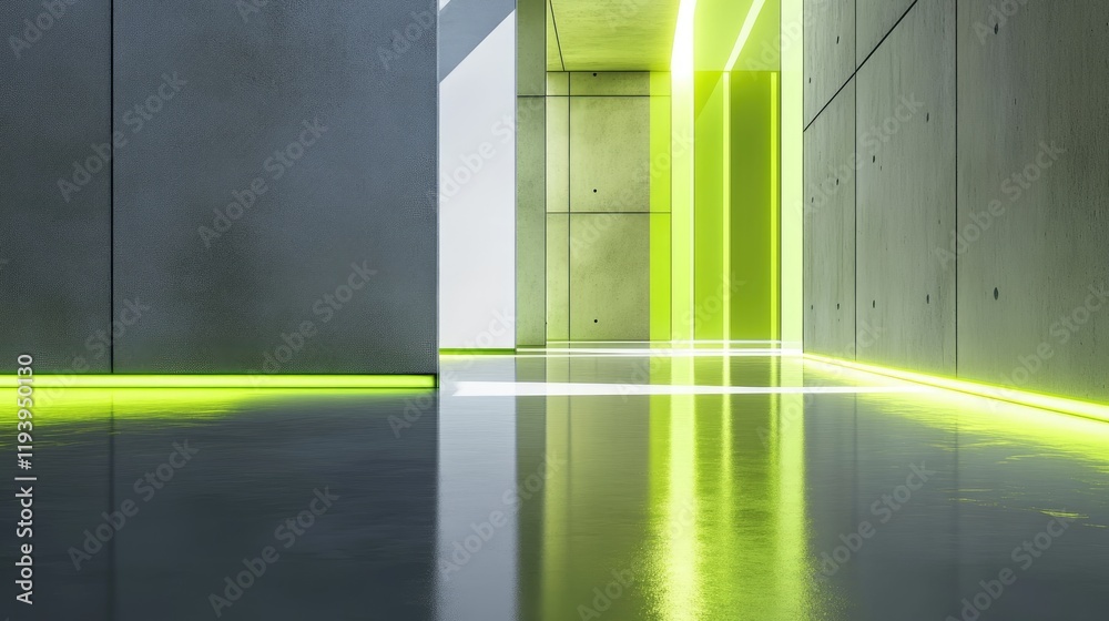 Poster Abstract modern geometric construction with empty walls and glowing green light reflecting on a smooth surface, representing minimalism and futuristic design
