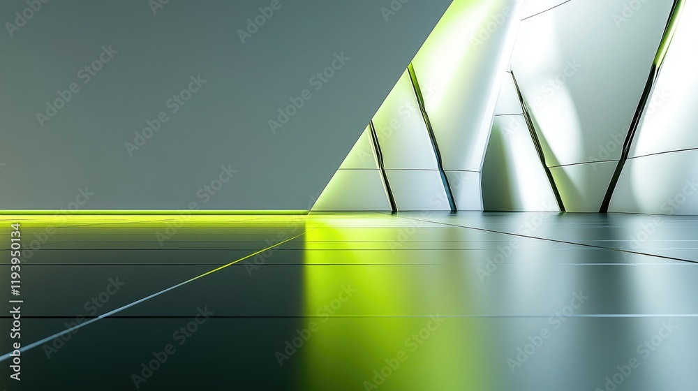 Poster abstract modern geometric construction with empty walls and glowing green light reflecting on a smoo