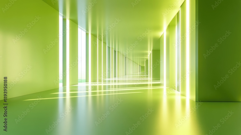 Poster abstract modern geometric construction with empty walls and glowing green light reflecting on a smoo