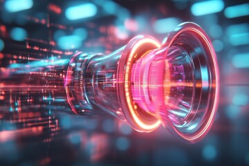 A cyberpunk-themed vuvuzela glowing with neon colors, blowing digital sound waves that interact with holographic fans in a futuristic cityscape