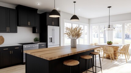 Fototapeta premium Modern Kitchen Interior with Black Cabinets, Wooden Island, Dining Area and Natural Light