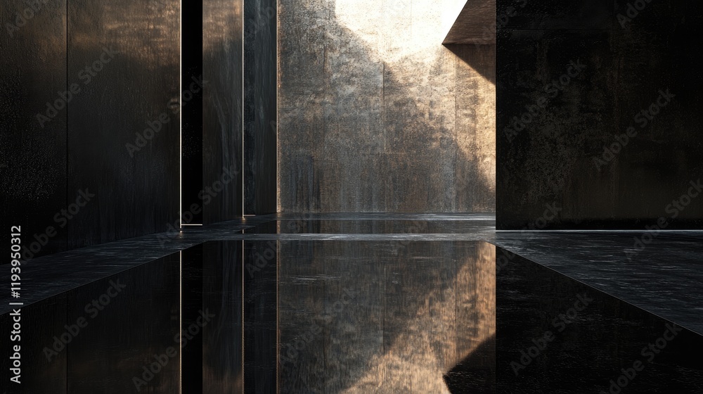 Aufkleber an abstract dark room with a reflective floor surface, symbolizing data leaks, digital security, and