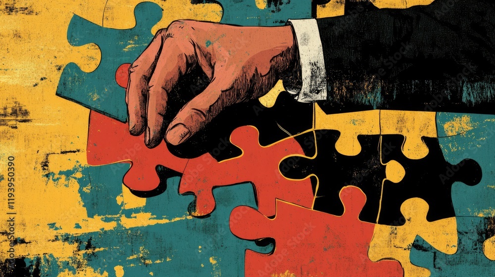 Poster an abstract image of a businessman's hand fitting puzzle pieces, representing the journey toward fin
