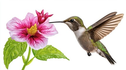 Fototapeta premium Hummingbird Hovering Near Vibrant Pink Hibiscus Flower