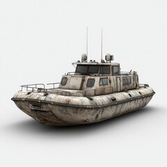 Fototapeta premium Weathered Patrol Boat: A Vintage Vessel on Calm Waters. A weathered military boat, showing signs of age and use, sits majestically on tranquil waters.