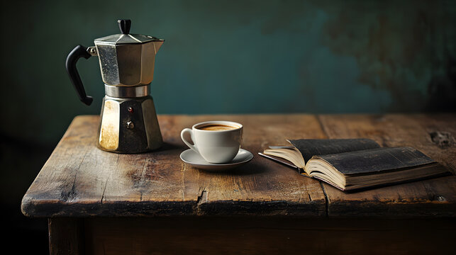 una mesa de madera con una cafetera italiana conuna taza de cafe y un libro dentro de una habitacion aroma y tranquilidad lectura y relajacion 